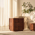Hearth End Table with Travertine Top Oak Wood Nightstand with 3 Drawer Bedside Table Modern Wood Side Table with Storage White Oak Finish Brown Sofa Side Table for Living Room, Bedroom