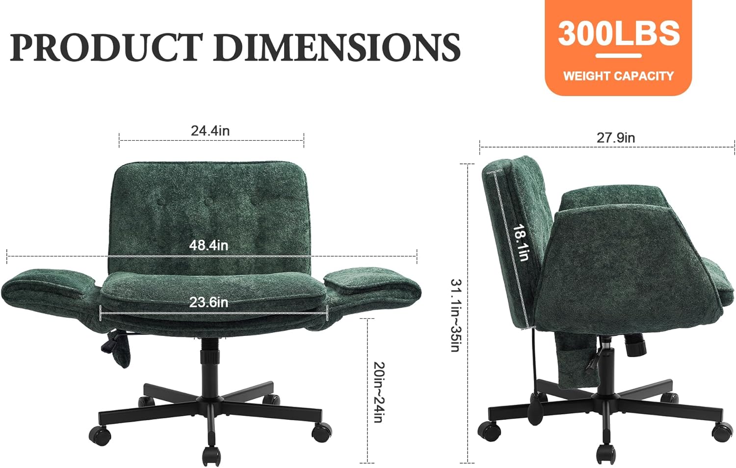 Criss Cross Chair with Lumbar Airbag & Folding Arms Relieve Back Pain, Wide Cross Legged Office Chair for Home Office, Comfy Swivel Desk Chair with Wheels, 5 Level Adjustable Armrest, Chenille(Green)