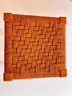 Pine Wood Woven Rope Stool, Mid-Century Modern Footrest, Rustic Square Seat for Living Room Bedroom