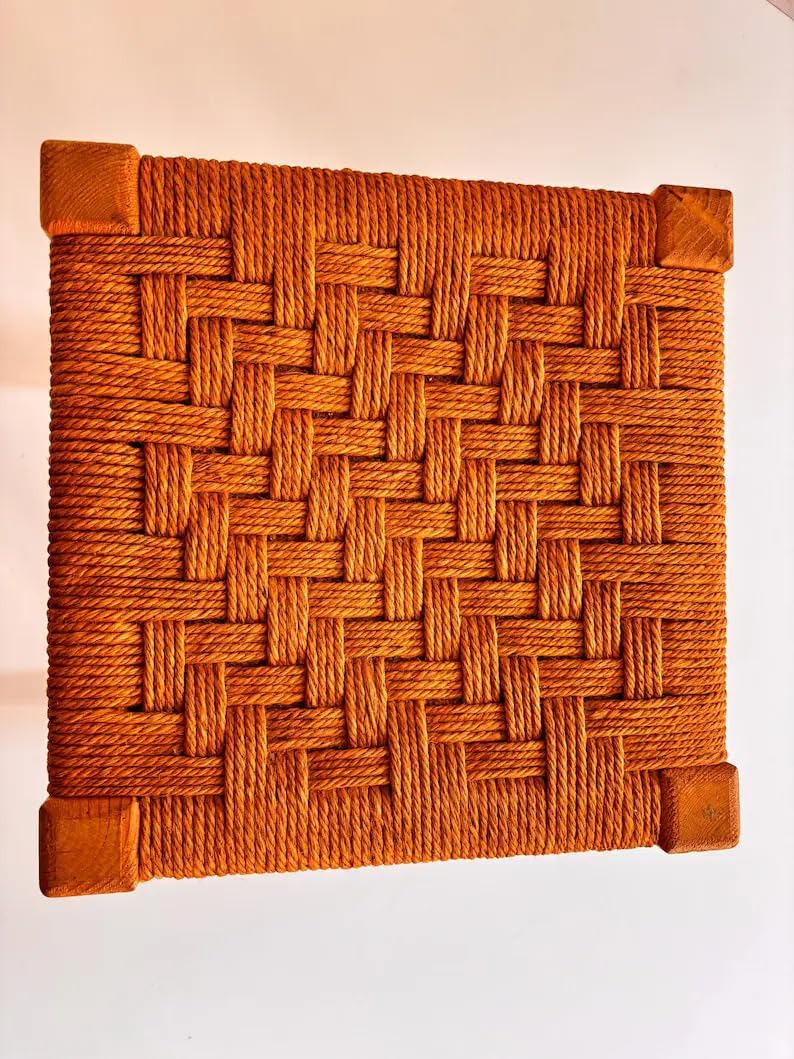 Pine Wood Woven Rope Stool, Mid-Century Modern Footrest, Rustic Square Seat for Living Room Bedroom