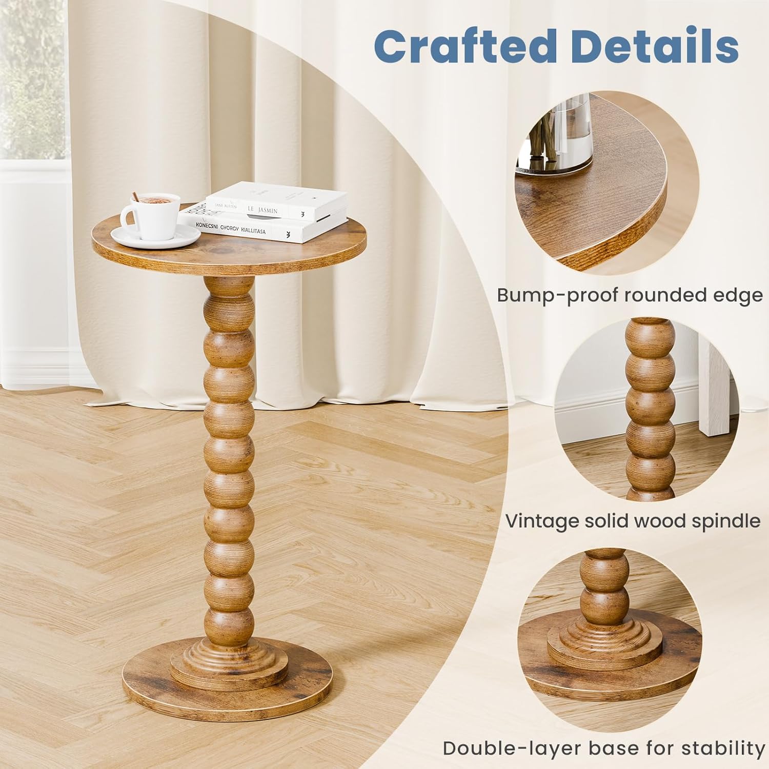DUMOS Round Side Table for Small Spaces, Brown Modern Accent End Table with Solid Wood Leg, Versatile Drink Nightstand for Living Room, Bedroom, Corners and Office