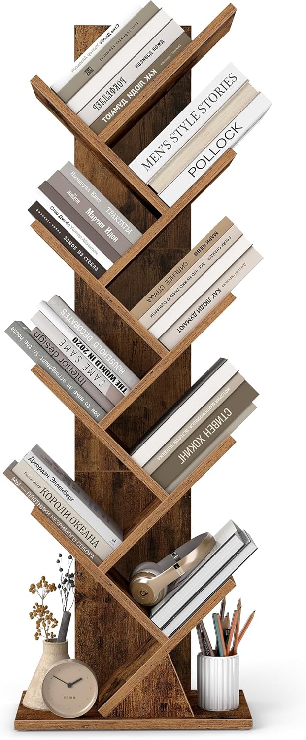 VASAGLE Custos Collection - Tree Bookshelf, Modern Bookcase, Floor Standing Book Shelf, for Bedroom, Living Room, Home Office, 7.9 x 15 x 45.4 Inches, Rustic Brown ULBC609K01
