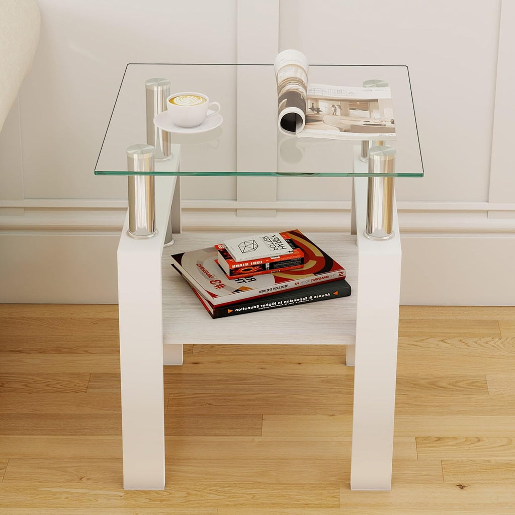 2-piece Set Modern Tempered Glass Side Table, Small Glass Top End Table, Square Table with Metal Frame, Suitable for Living Room and Bedroom