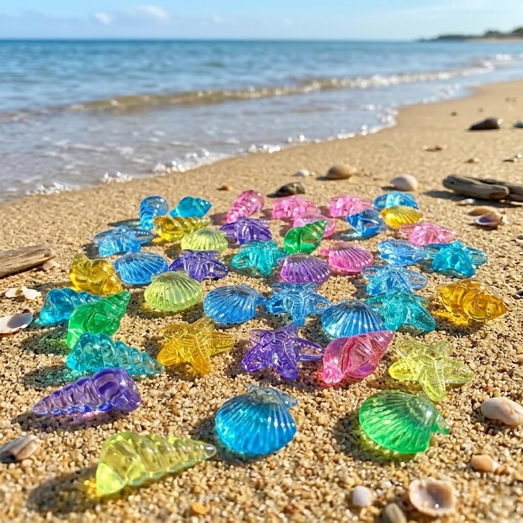 30Pcs Colorful Acrylic Sea Shells and Starfish for Vase Filler, Mixed Transparent Resin Seashells for Beach Theme Party Decoration, Fish Tank Ornaments, DIY Crafts & Table Scatter