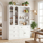 Cyclysio 3-Piece Pantry Cabinet Set, 80" Tall Kitchen Pantry Storage Cabinets with Glass Doors, Open Shelves, and 7 Drawers, White Wood Pantry Hutch Set for Kitchen, Dining Room, Living Room