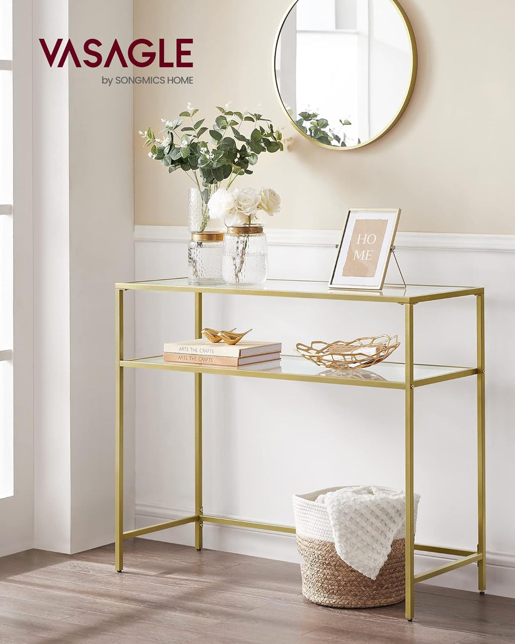 VASAGLE 39.4 Inch Console Sofa Table, Modern Entryway Table, Tempered Glass Table, Metal Frame, 2 Shelves, Adjustable Feet, for Living Room, Hallway, Gold Color ULGT025A01