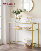 VASAGLE 39.4 Inch Console Sofa Table, Modern Entryway Table, Tempered Glass Table, Metal Frame, 2 Shelves, Adjustable Feet, for Living Room, Hallway, Gold Color ULGT025A01