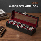 ProCase 6 Slot Watch Case Box for Men, PU leather Man Watch Organizer with Soft Pillow, Lockable Watch Collection Storage Holder with Glass Display Lid, Fathers Day Gift for Dad -Winered