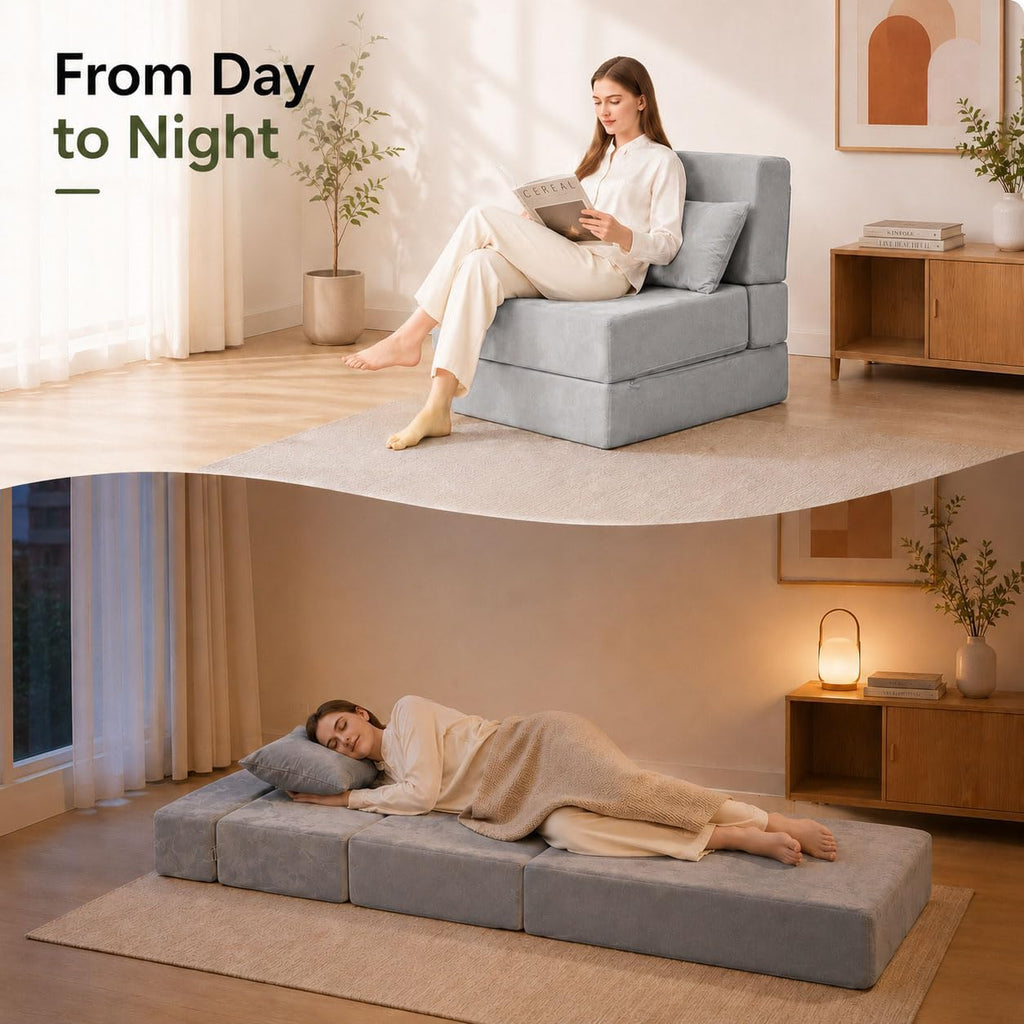 Folding Sofa Bed, Convertible Sleeper Chair with Pillow, Foldable Mattress & Back Support, Portable Floor Lounger Futon for Apartment, Dorm, Living Room, Bedroom, Gray