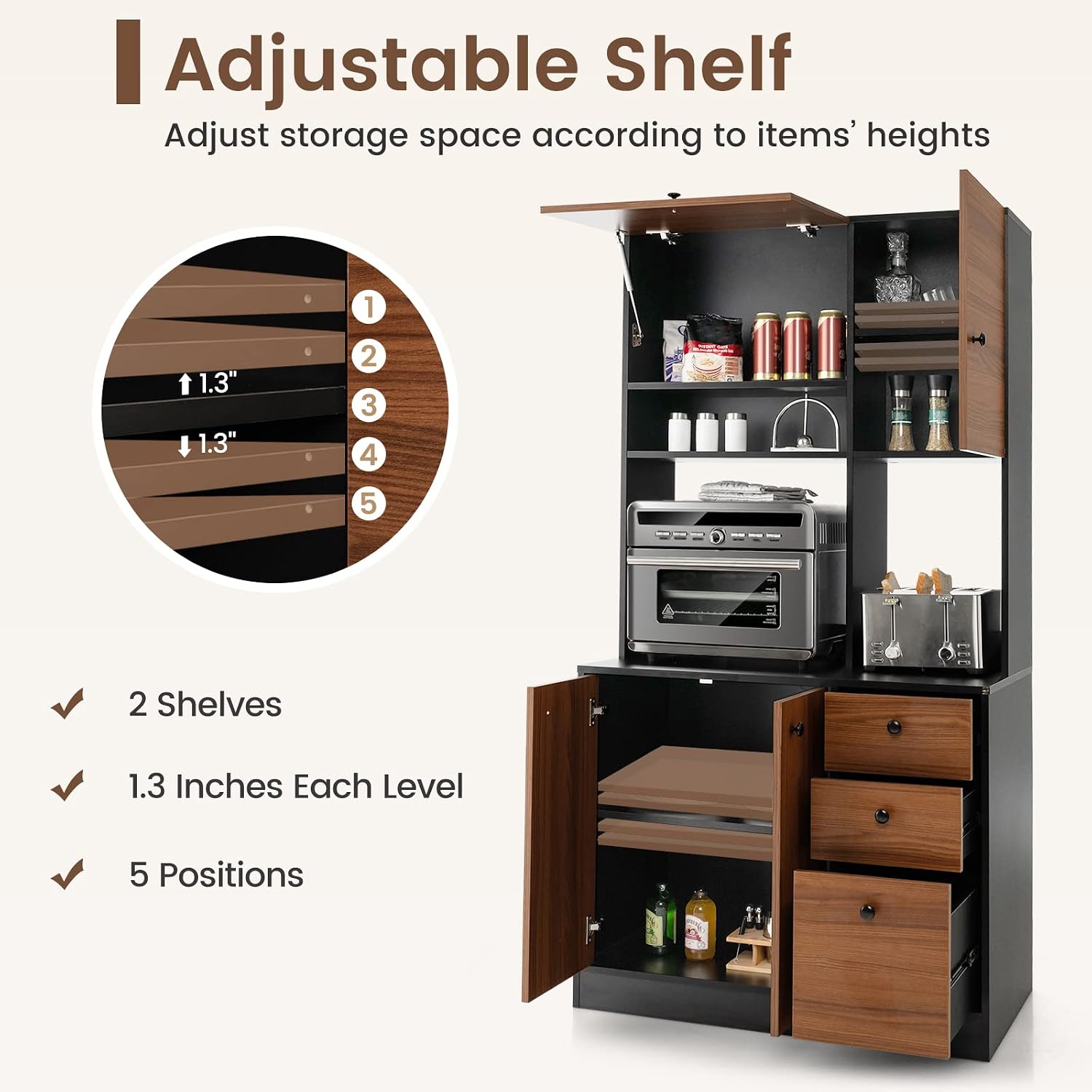 PETSITE Kitchen Buffet Hutch Storage Cabinet, 71" Freestanding Pantry with 3 Cabinets & Drawers, Adjustable Shelves, Microwave Cupboard for Living Room, Dining Room (Walnut)