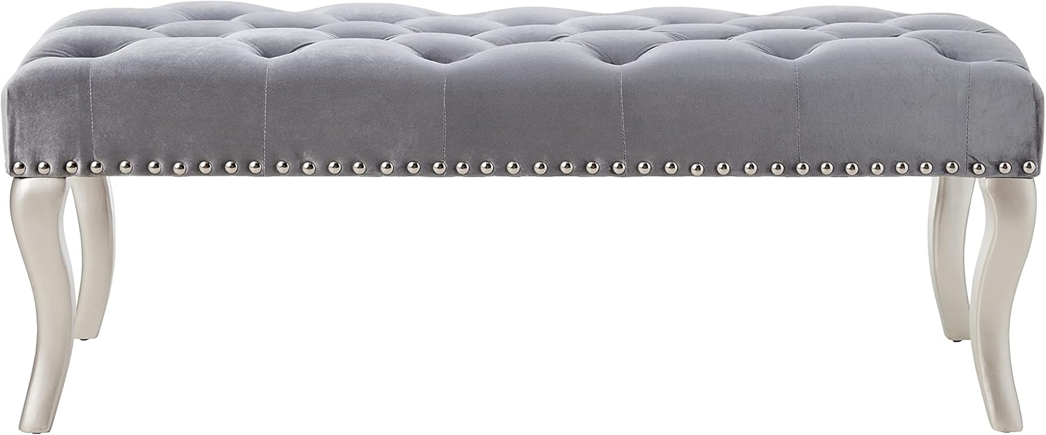 Roundhill Furniture Decor Maxem Tufted Fabric Upholstered Seat with Nailhead Trim Bench, Gray