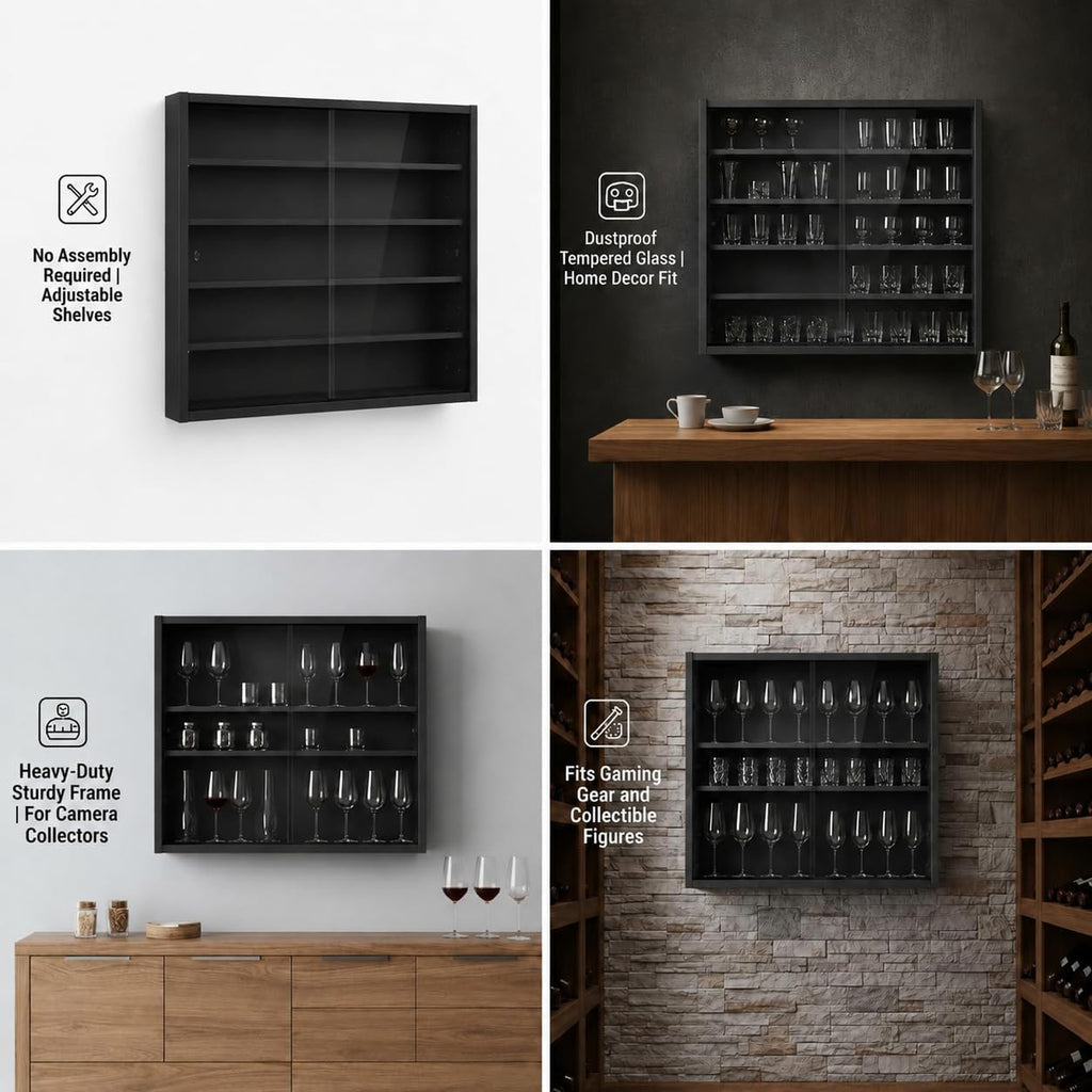 5-Tier Wall Mounted Shot Glass Display Case, No Assembly Required Wine Glass Display Cabinet with Glass Door & Adjustable Shelves, Bar Cabinet for Liquor Glasses, Bedroom Playroom, Black