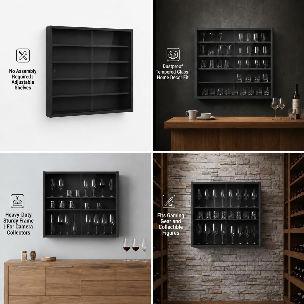 5-Tier Wall Mounted Shot Glass Display Case, No Assembly Required Wine Glass Display Cabinet with Glass Door & Adjustable Shelves, Bar Cabinet for Liquor Glasses, Bedroom Playroom, Black