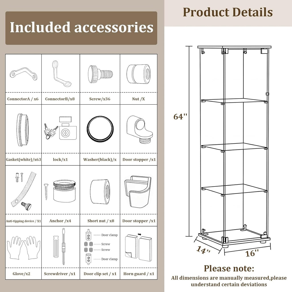 BEAUTYPEAK Tempered Glass Display Cabinet, 4-Tier Curio Cabinet with Glass Doors and Lock, Glass Display Case for Collectibles, for Living Room, Single Door, Black