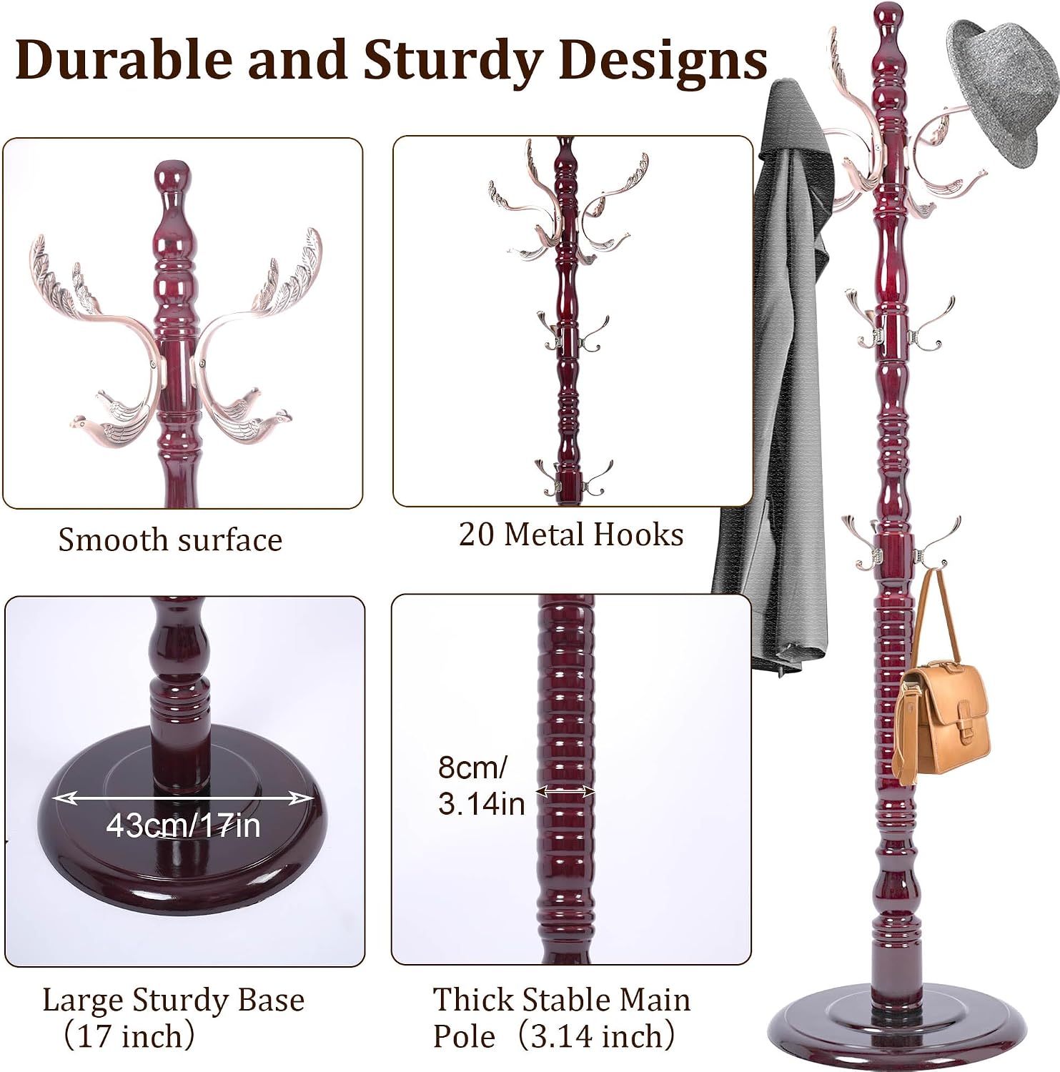 73'' Vintage Coat Racks Freestanding with 20 Metal Hooks, Solid Wood Coat Rack Hanger Stand with 3 Adjustable Size, Heavy Duty Coat Rack Tree for Entryway, Bedroom, Hallway, Office, Apartment
