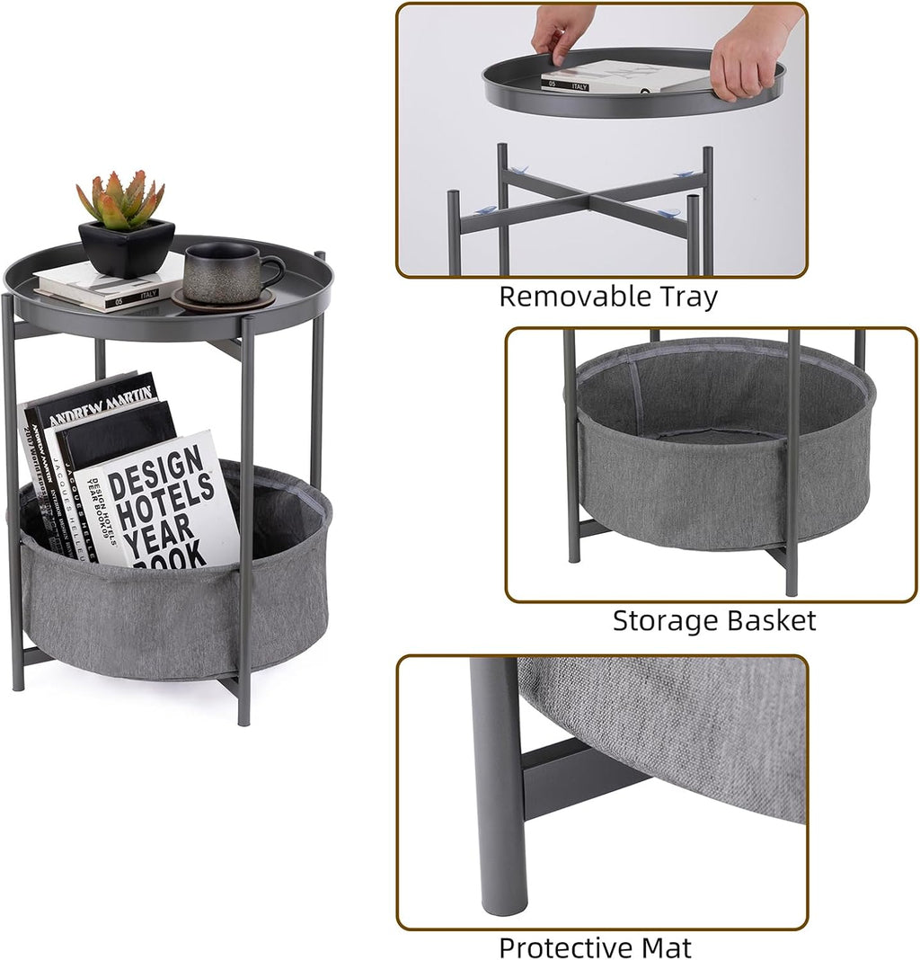 Round Side Table with Fabric Storage Basket, Metal Nightstand with Removable Tray Top, for Living Room, Bedroom, Nursery, Bathroom