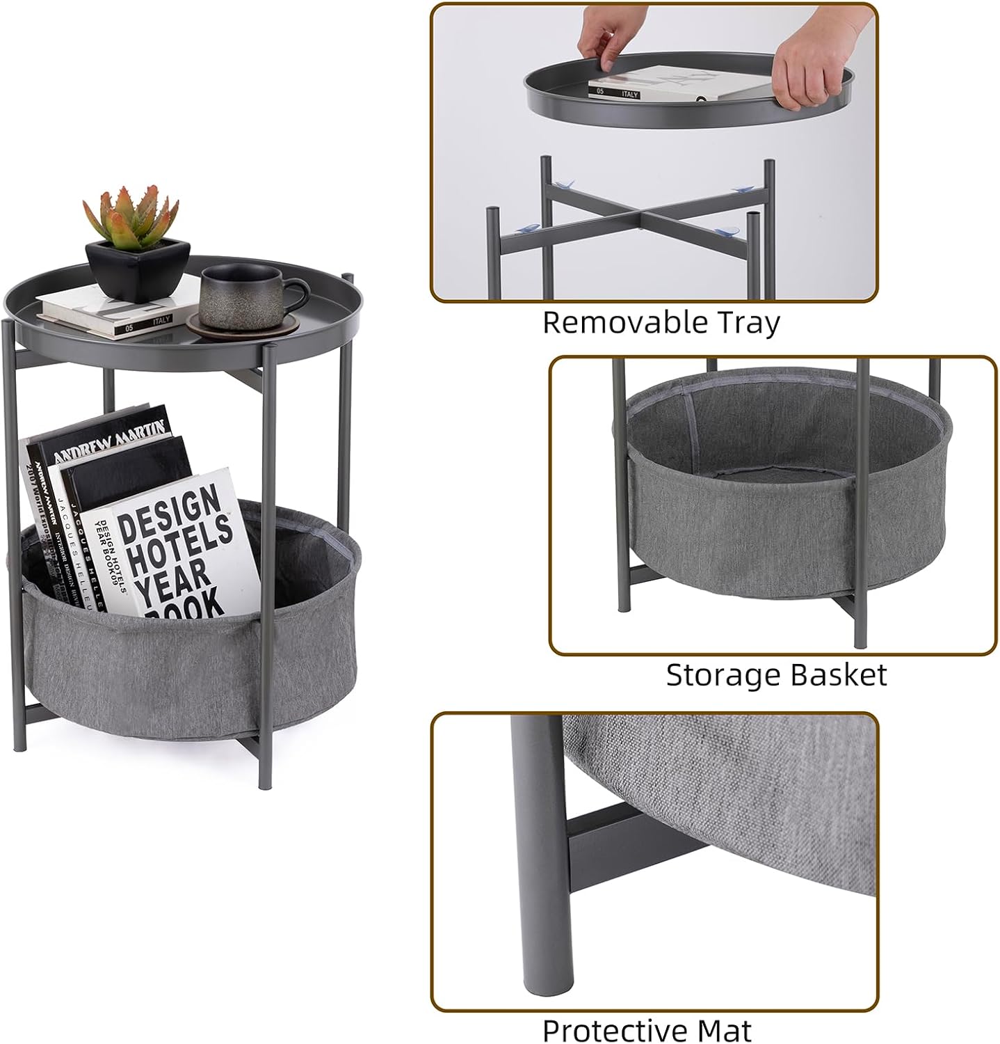 Round Side Table with Fabric Storage Basket, Metal Nightstand with Removable Tray Top, for Living Room, Bedroom, Nursery, Bathroom