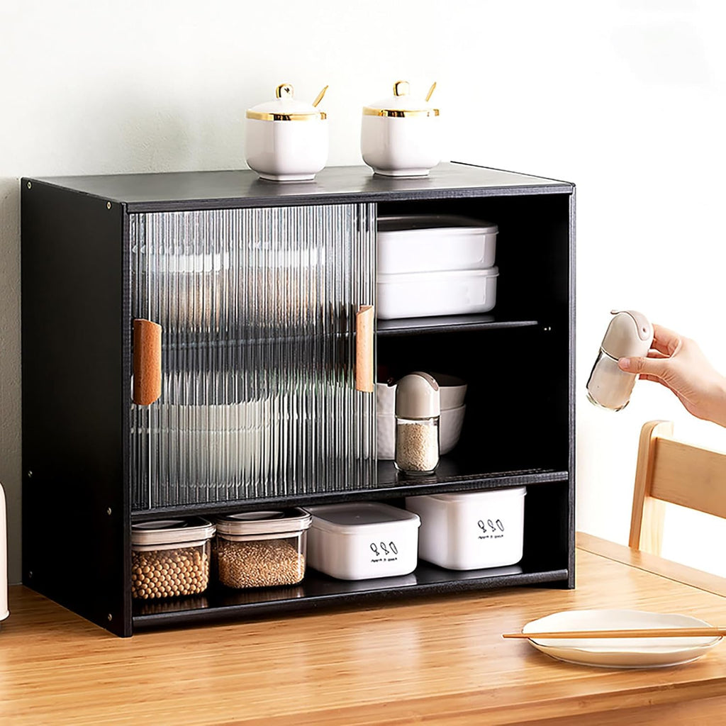 Small Countertop Kitchen Pantry, 3 Tiers Bamboo Pantry Sideboard with 2 Sliding Doors, Freestanding Kitchen Storage Cabinet Utility Dining Cupboard for Spice Dish Bowl Seasoning Bottle (Black)
