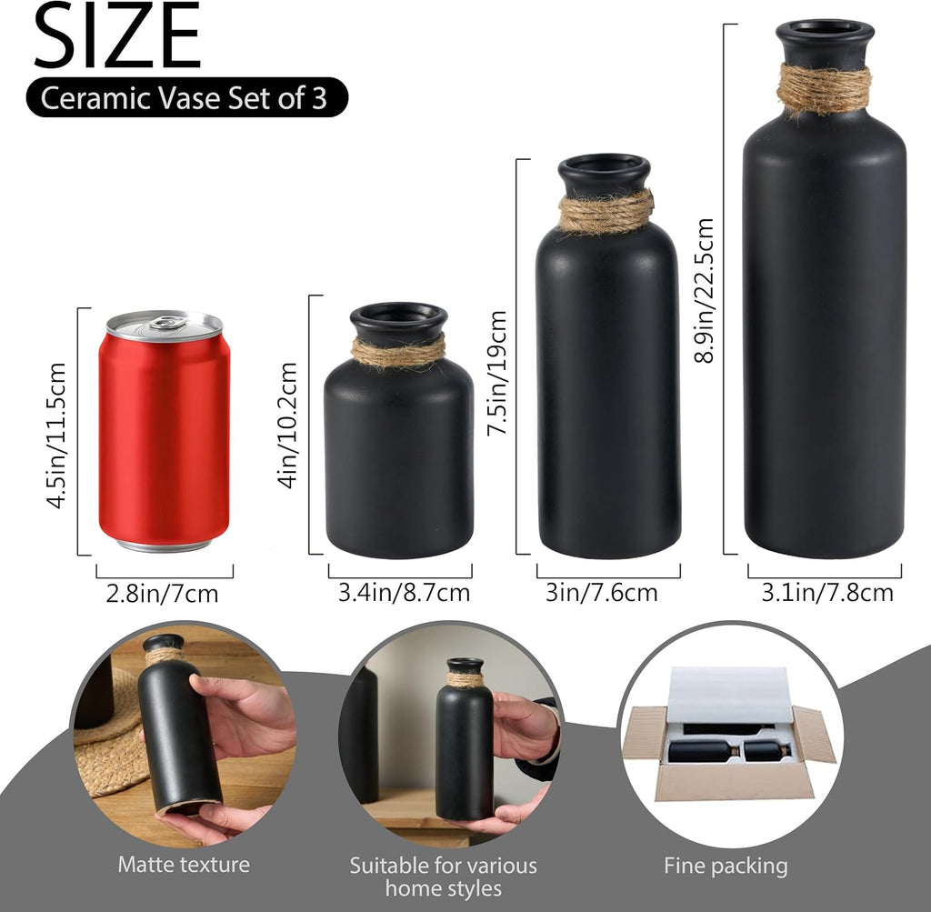 Matte Black Ceramic Vase Set, 3 Pcs Rustic Decorative Vases for Modern Farmhouse Office Home Decor, Living Room Centerpieces Decoration for Table Mantel Entryway Shelves Décor