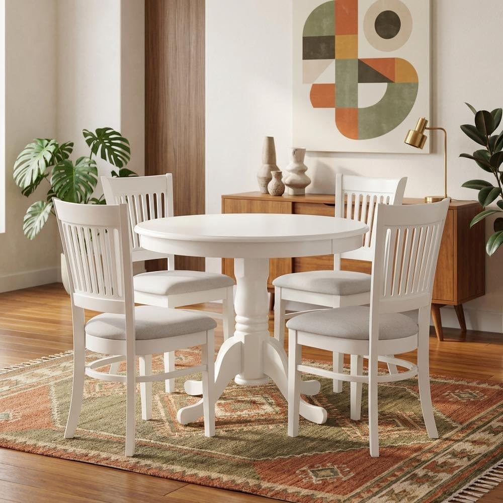 Furnifact White Solid Wood 5 Pc Dining Room Set, Breakfast Nook Table with Slatted Chairs, Kitchen Table and Chairs for 4, Compact Seating Option