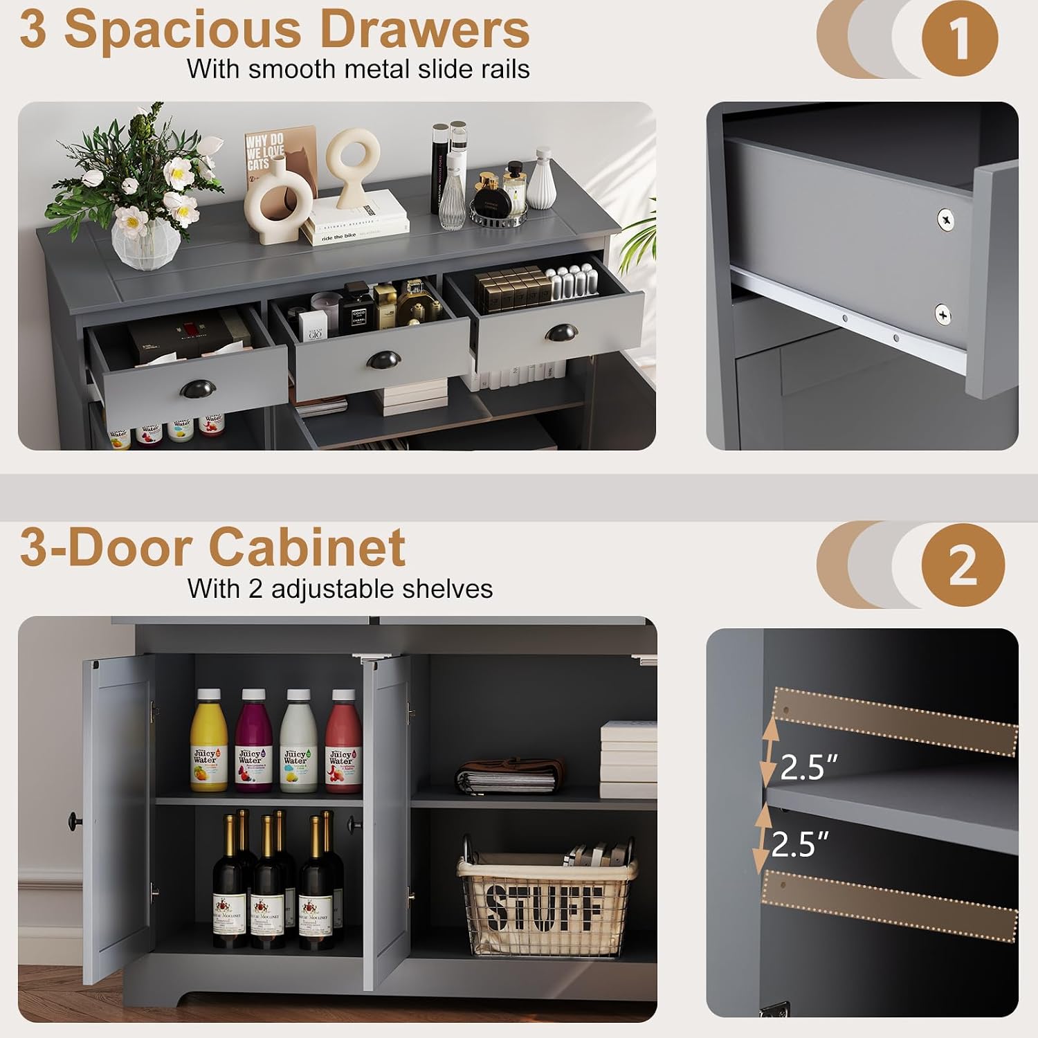Sideboard Buffet Cabinet with Storage, 53.5” Large Kitchen Cupboard with 3 Drawers, Adjustable Shelf, Credenzas for Living Room, Wooden Coffee Bar Console Table for Dining Room (Grey)