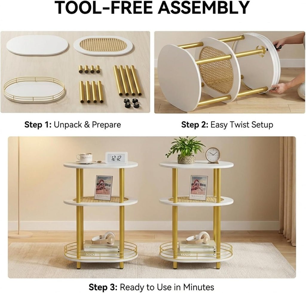 Small Rattan Side/Accent Table with Storage, 3 Tier Round/Oval End Table with Rattan Shelf & Metal Basket, Boho Nightstand, Tool Free Assembly/Screw-Hole Free Tabletop-Living Room Bedroom-Black