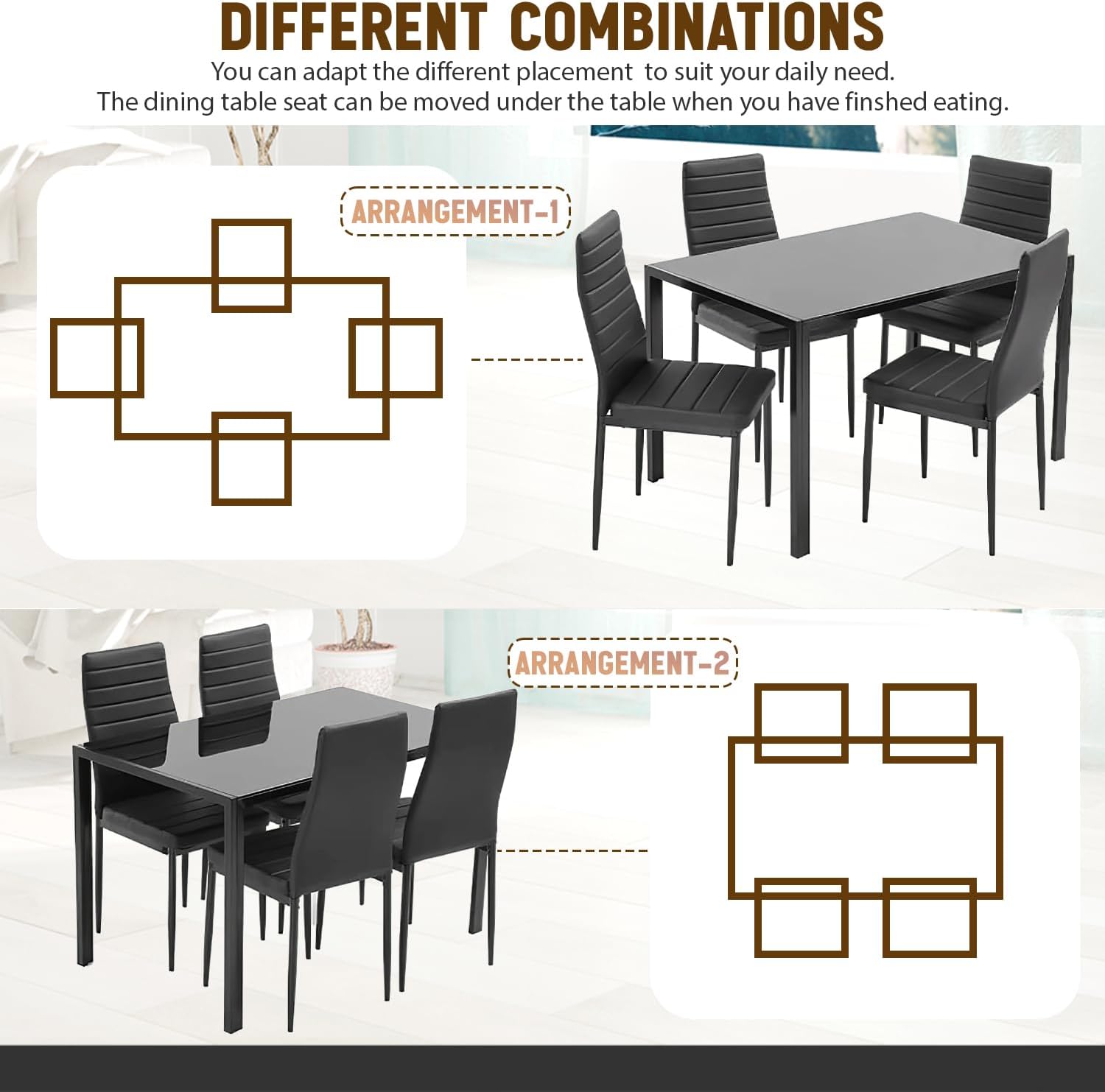 NChanmar Dining Table Set for 4 Furniture 5 Piece Faux Dining Set, Modern Kitchen Table with Upholstered PU Leather Chairs and Glass Tabletop for Breakfast Nook Small Spaces,Black