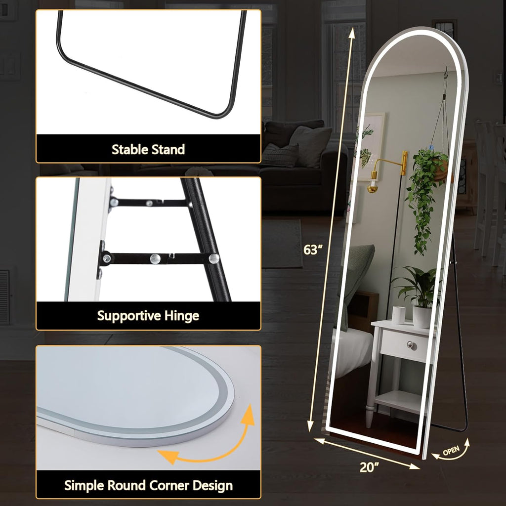 Arched Full Length Mirror with LED Lights, 20"x63" Floor Standing or Wall Mounted Dressing Mirror, 3 Color Lighting Modes for Bedroom, Living Room, Bathroom