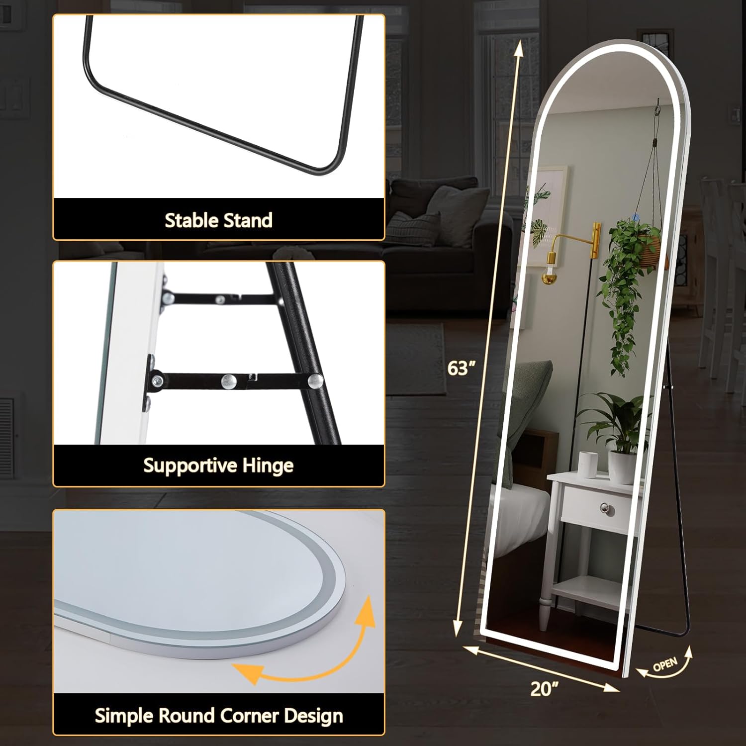 Arched Full Length Mirror with LED Lights, 20"x63" Floor Standing or Wall Mounted Dressing Mirror, 3 Color Lighting Modes for Bedroom, Living Room, Bathroom