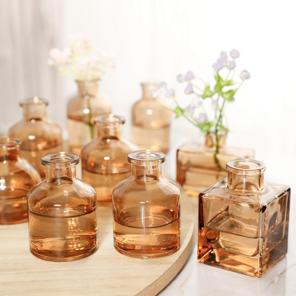 Small Mini Flower Vases - Set of 20 Amber Glass Bud Vases - Vintage Rustic Centerpieces for Weddings, Events & Home Décor - Premium Quality, Timeless Designs