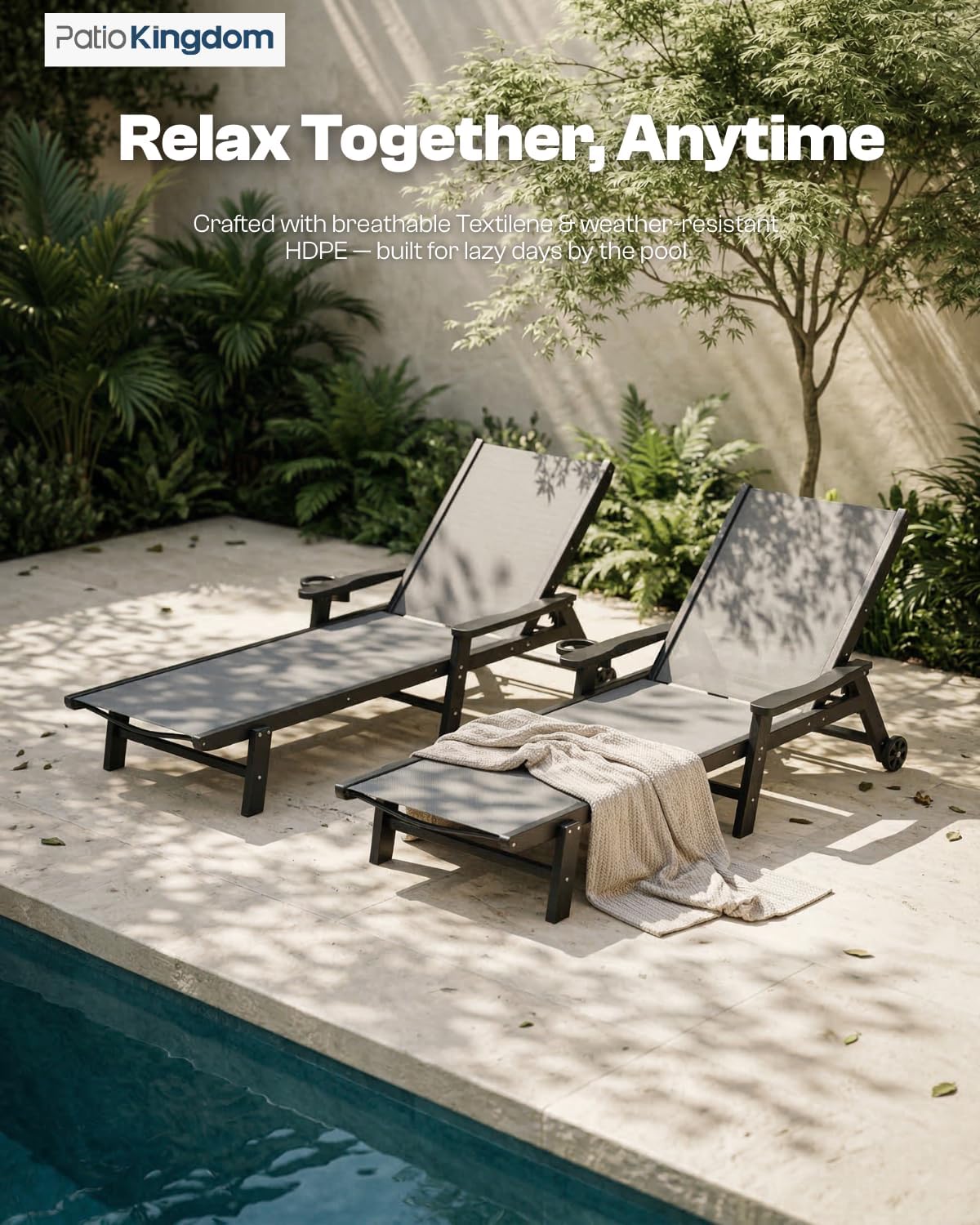 HDPE 5 Positions Chaise Lounge Outdoor Set of 2 with Wheels, Grey Textilene Fabric Pool Lounge Chairs for Patio, Deck, Beach (Grey Frame)
