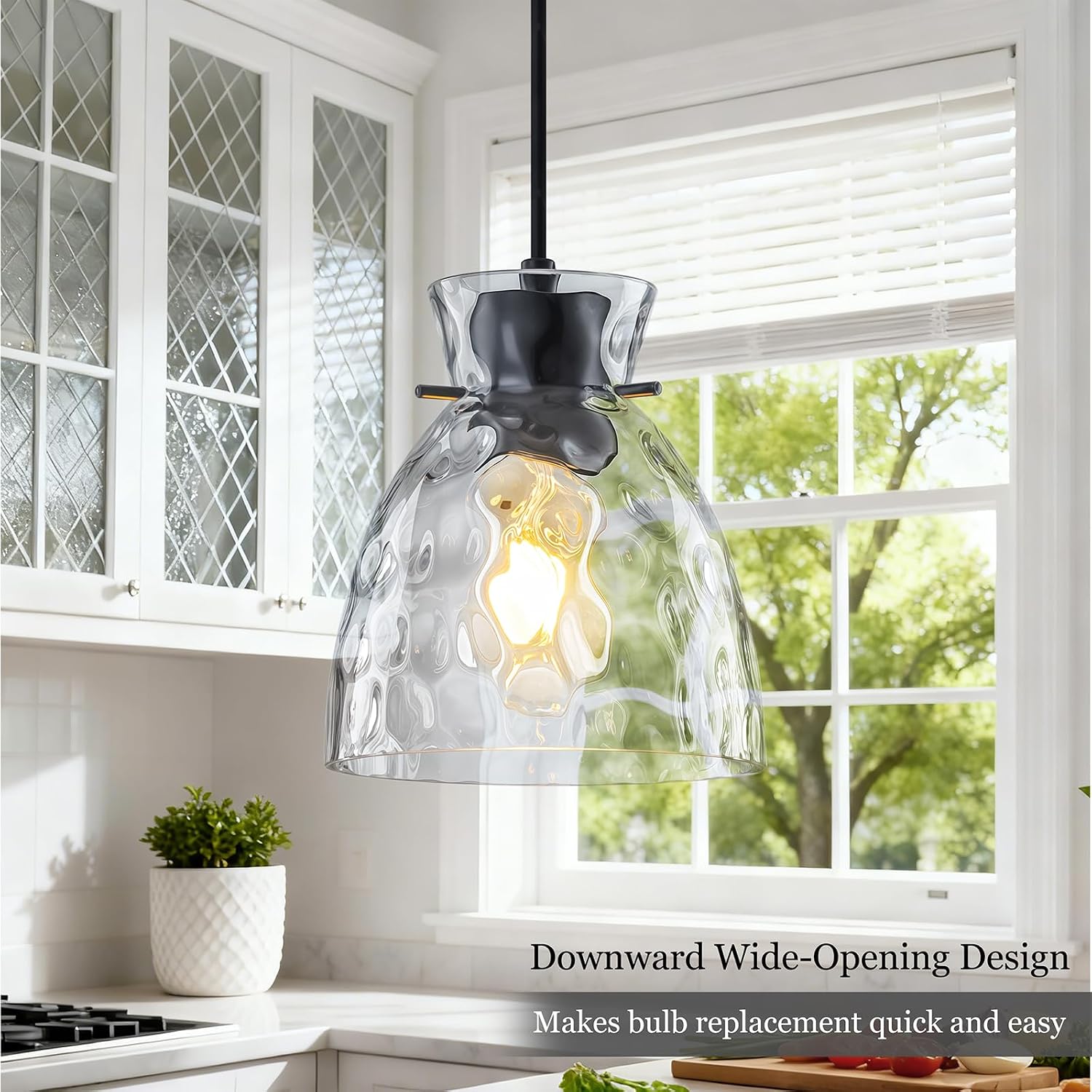 5.9” Mini Hammered Glass Black Pendant Lights Kitchen Island 2 Pack, Small Farmhouse Pendant Light Fixtures, Adjustable Modern Hanging Lighting Kitchen Pendant Lights over Island Sink Dining Room