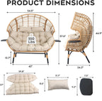 Double Wicker Egg Chair Outdoor Indoor - 2-Person Oversized Loveseat with 8" Thickened Paded Cushion - 700 lbs Weight Capacity Patio Lounge Chair for Balcony Porch Backyard (Beige Radial)