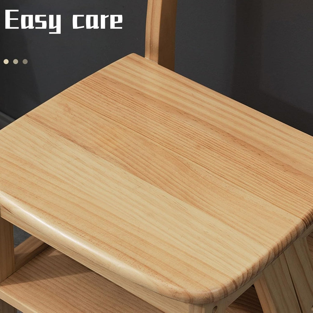 Wooden 3in1 Folding Step Stool Chair with Display Shelf Convertible Ladder for Home Library(B)