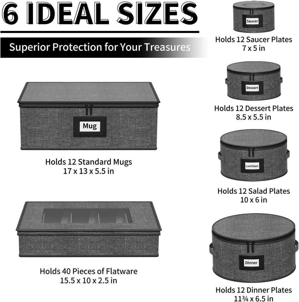 Aokeyee 6-Piece China Storage Containers Set, Hard Shell Moving Boxes for Dishes, Plates, Mugs & Flatware – Dinnerware Organizer with Soft Felt Dividers, Sturdy Handles & Zippers, Grey