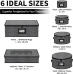 Aokeyee 6-Piece China Storage Containers Set, Hard Shell Moving Boxes for Dishes, Plates, Mugs & Flatware – Dinnerware Organizer with Soft Felt Dividers, Sturdy Handles & Zippers, Grey