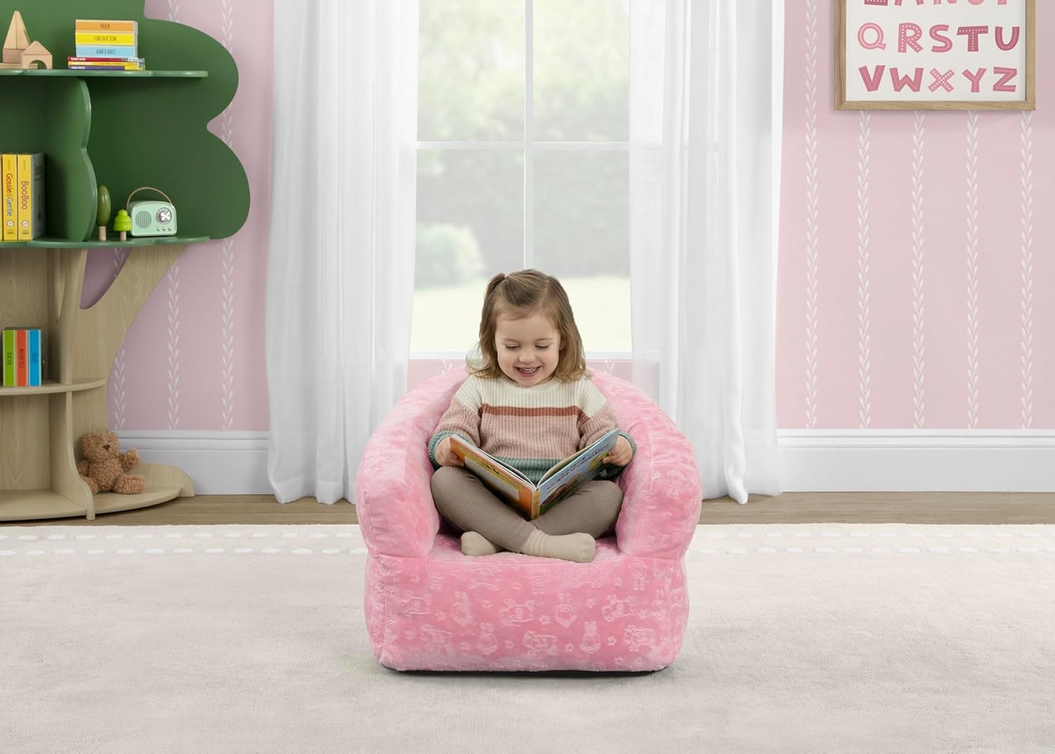 Delta Children - Serta Kids Plush Barrel Toddler Chair, Soft Foam Chair Bean Bag Chair Alternative for Boys and Girls, Cozy Seat for Reading, Watching Cartoons, Playroom Nursery Bedroom, Pink