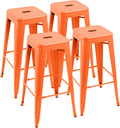 Furniwell 30 Inches Metal Bar Stools High Backless Tolix Indoor-Outdoor Stackable Barstool with Square Counter Seat Set of 4 (Orange)