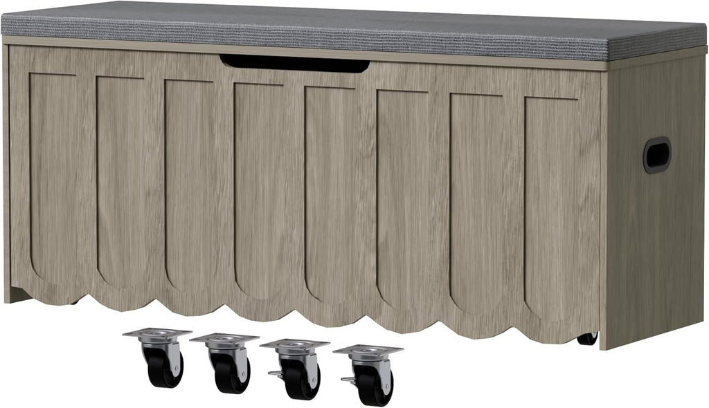 DHZ 47.2" Storage Bench, Storage Chest with Cushion Seat, 4 Swivel Wheels & 2 Safety Hinges, Wooden Entryway Bench with Storage, Large Toy Box for Entryway, Living Room, Bedroom