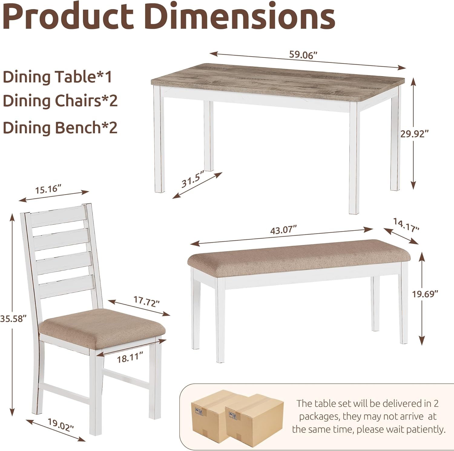 59" Dining Table Set Farmhouse Rectangular White Kitchen Room Table & Chairs Set Solid Wood Stable Space Saving Easy Clean (1 Bench& 4 Chairs)