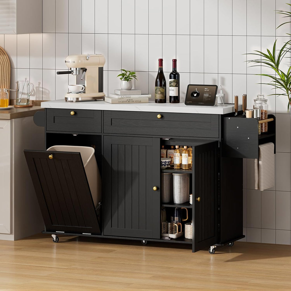 ONBRILL 60" Kitchen Island with Power Outlet & Drop Leaf, Rolling Island with Spice Rack & Towel Rack, Kitchen Island Cart with Trash Storage Cabinet, Island Table for Kitchen, Black+Imitation Marble