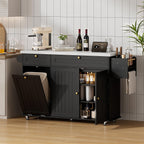 ONBRILL 60" Kitchen Island with Power Outlet & Drop Leaf, Rolling Island with Spice Rack & Towel Rack, Kitchen Island Cart with Trash Storage Cabinet, Island Table for Kitchen, Black+Imitation Marble