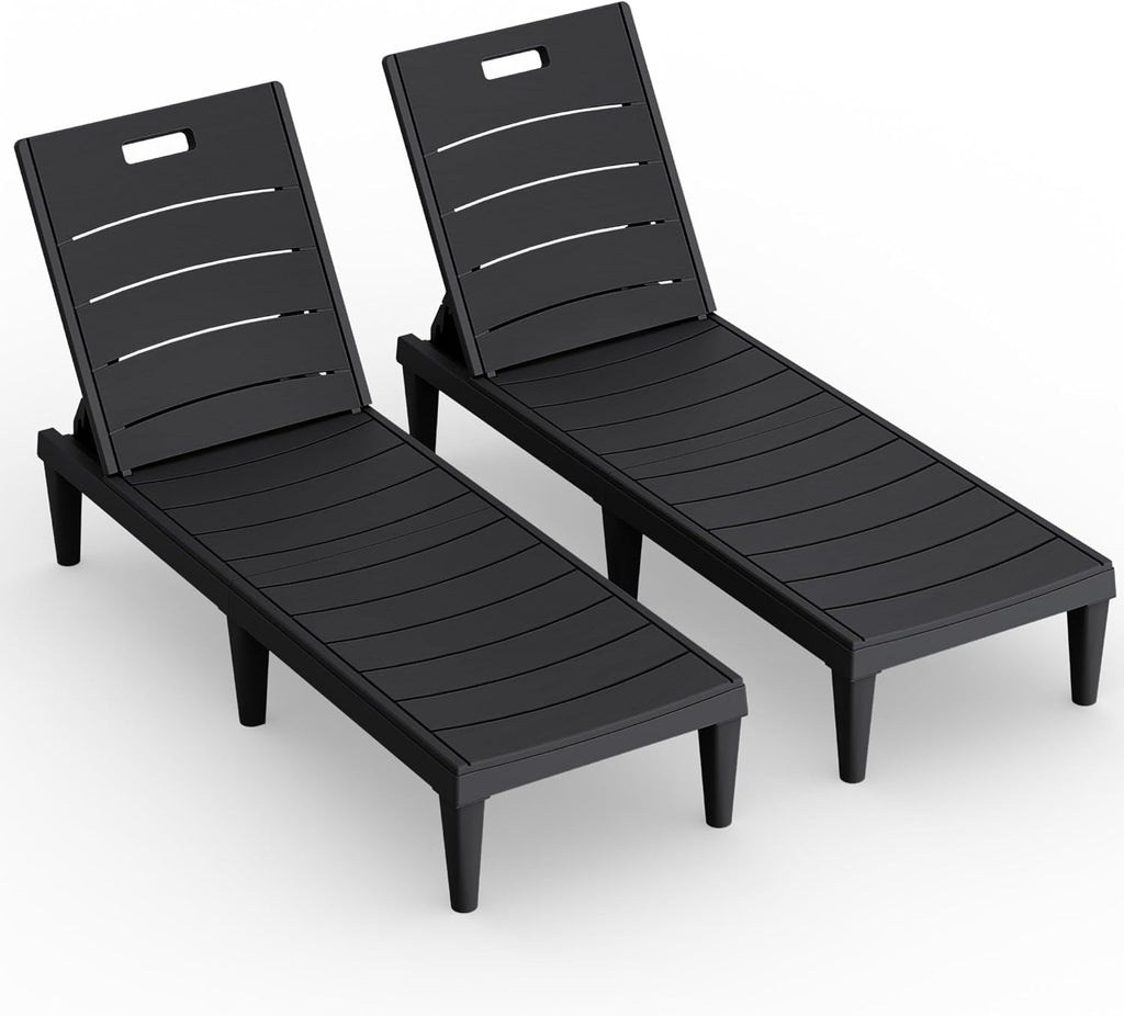 Greesum Outdoor Chaise Lounge Chair Set of 2, Waterproof 5-Position Adjustable PP Sun Loungers for Patio, Poolside, and Beach Sunbathing, Black