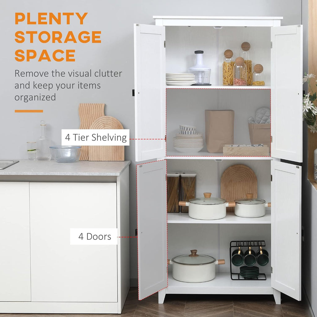 Freestanding Modern Kitchen Pantry, Storage Cabinet with 4-Tier and Adjustable Shelves, White, for Dining Room, Easy to Clean
