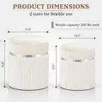 Round Storage Ottoman Set of 2 - White Ottoman with Storage for Living Room - Velvet Vanity Stool and Footrest - Round Nesting Ottoman Stools for Bedroom Makeup Area - Hidden Storage