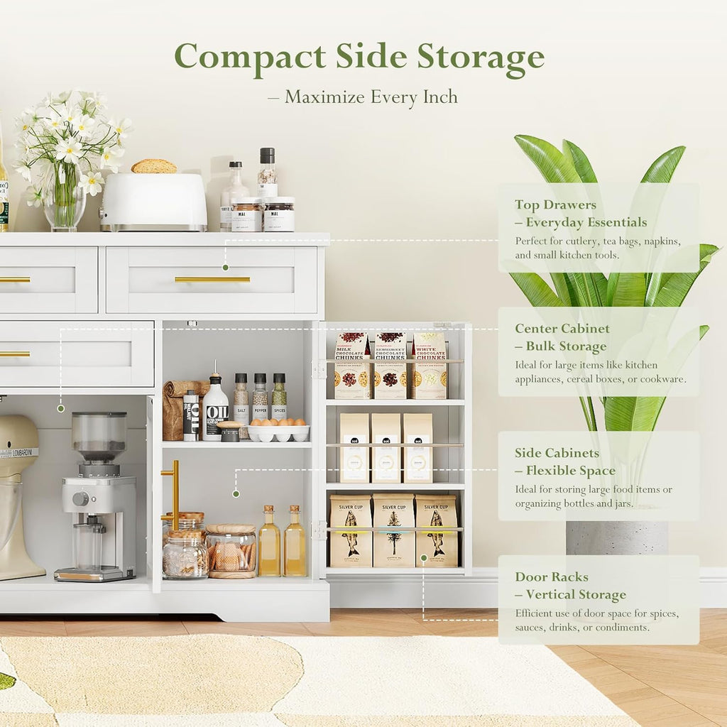 Concho 54" Buffet Cabinet with Storage, Kitchen Sideboards Small Coffee Bar Cabinet with 4 Drawers, Modern Kitchen Storage Cabinet for Living Room, Pure White