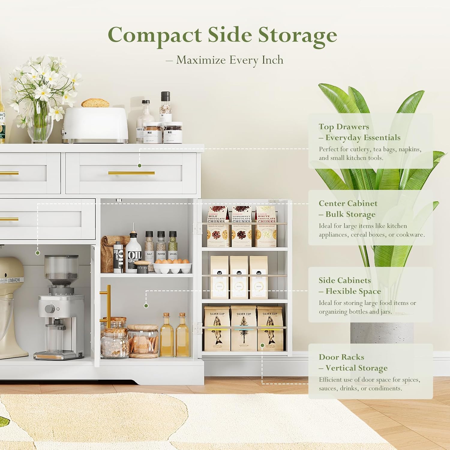 Concho 54" Buffet Cabinet with Storage, Kitchen Sideboards Small Coffee Bar Cabinet with 4 Drawers, Modern Kitchen Storage Cabinet for Living Room, Pure White