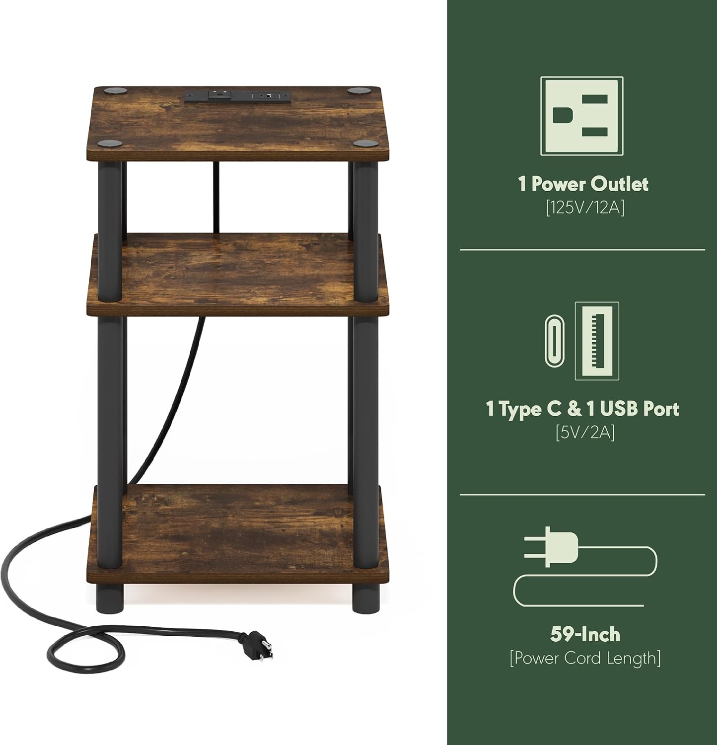 Furinno Just 3-Tier Side Table with Charging Station, Easy Assembly Rustic Brown End Table, Night Stand, Bedside Table with USB and Type-C Charging Port, for Living Room, Bedroom, Amber Oak