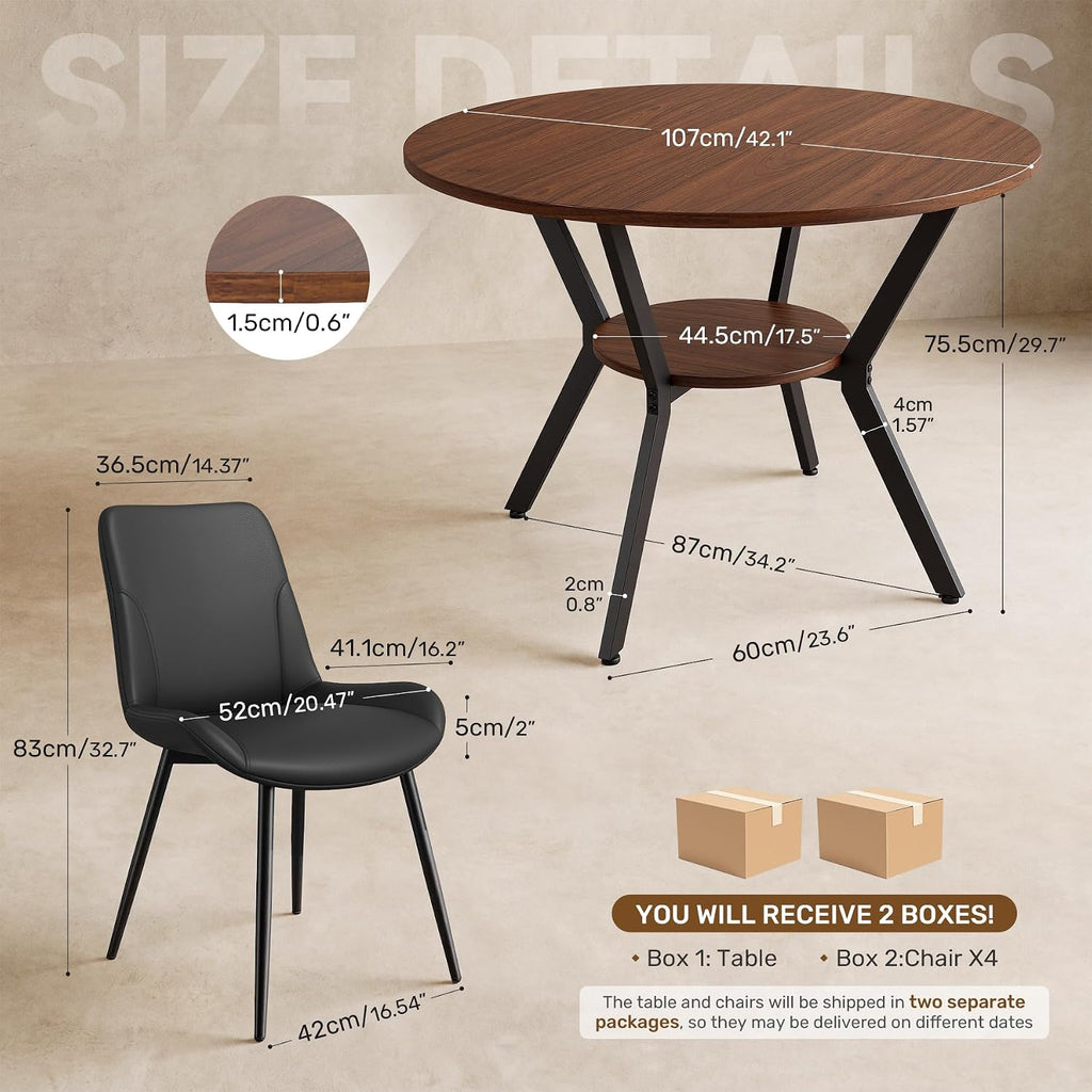 Miereirl 42.13" 5-Piece Round Dining Table Set for 4, Kitchen Table Set with 4 Upholstered Chairs and Storage Shelf, Dining Room Furniture Set for Apartment, Small Spaces