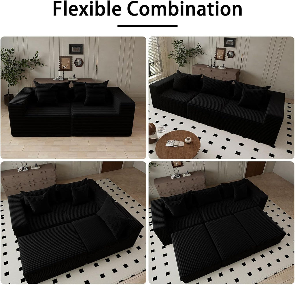 Oversized Cloud Couch Ottoman, Frameless Wide-Wale Corduroy Footrest for Living Room, High-Density All-Foam Large Rectangle Boneless Ottoman Coffee Table for Sectional Sofa (Black, Ottoman)